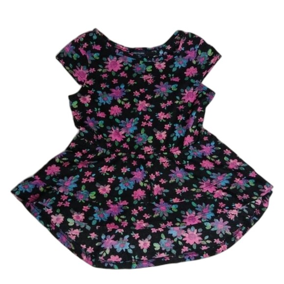 Faded Glory Girls Cap Sleeve Top Blouse Floral High Low Ruffle Black Pink Size 6 - Picture 1 of 4